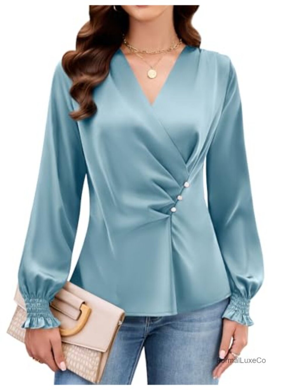 Satin Silk Blouse V-Neck Pleated Long Sleeve Dressy Work Top